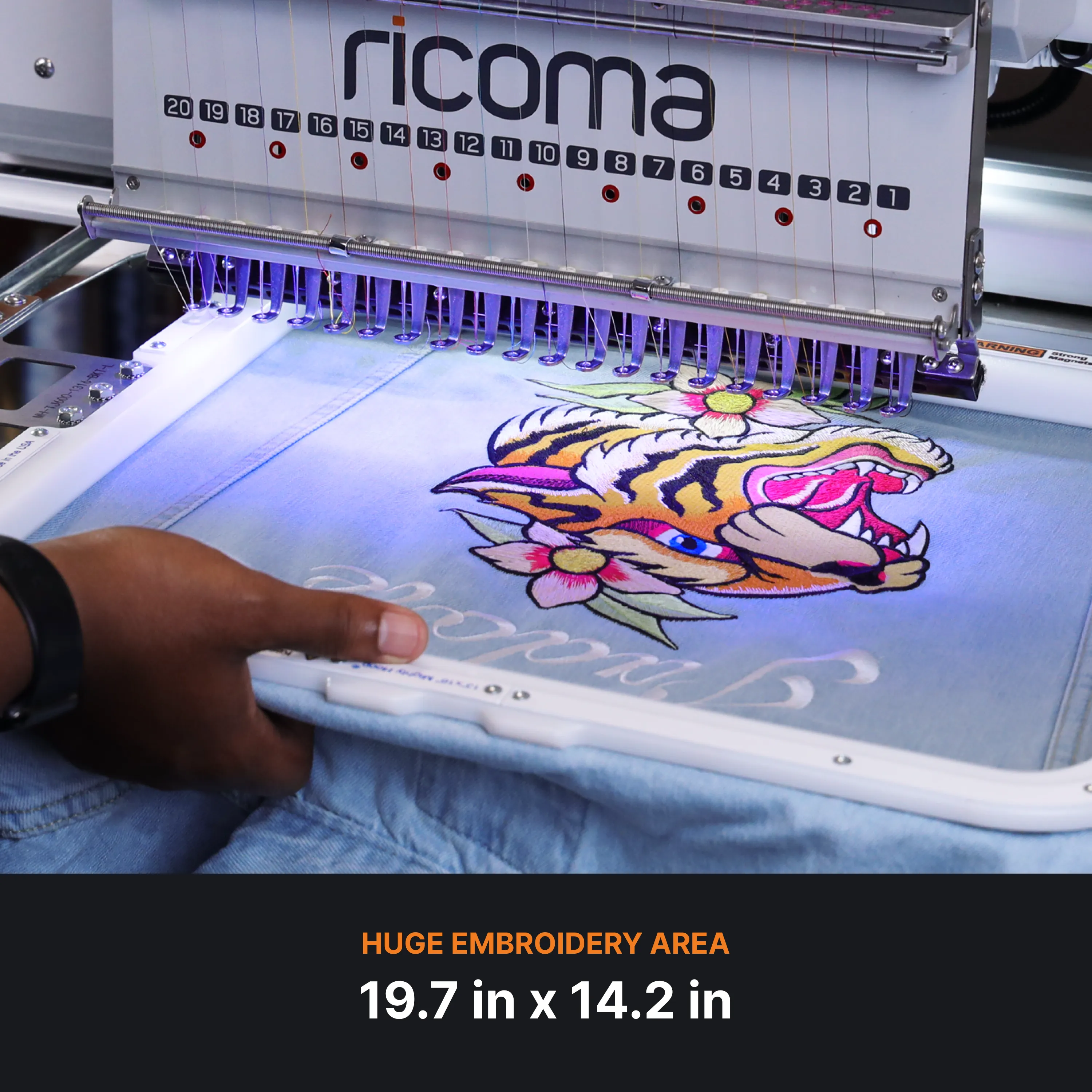Large embroidery area on the Marquee 2001 embroidery machine